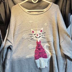 Woman Within Long Gray Sweater with Pink Cat Motif